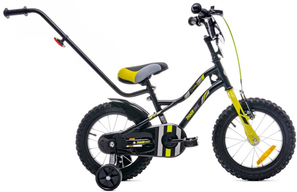 Rower dziecięcy SUN BABY Tiger Bike 14 cali dla chłopca Żółto-szary pięknie wykończony dopracowany od strony technicznej i wzorniczej dla chłopców liczne elementy poprawiające komfort osłona łańcucha odkręcane kółka boczne błotniki w czarnym kolorze z żółtymi i szarymi akcentami