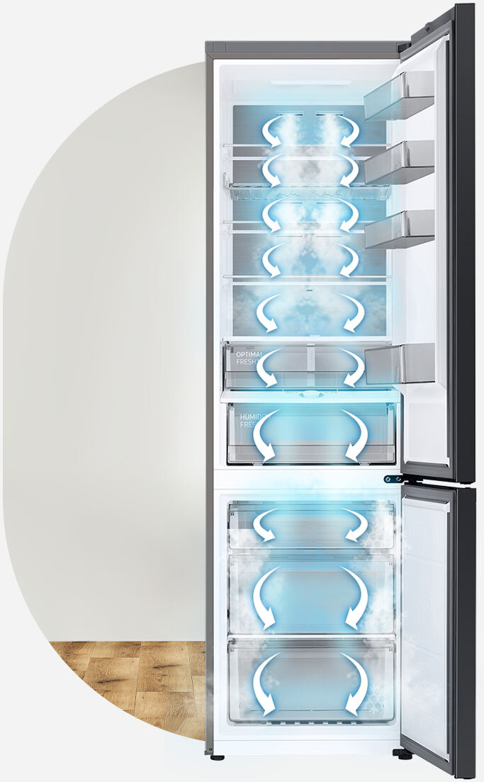 Na grafice zobrazowane jest działanie systemu All-Around Cooling. Błękitne strzałki reprezentują strumienie chłodnego powietrza, które jest równomiernie rozprowadzane na wszystkich poziomach urządzenia.