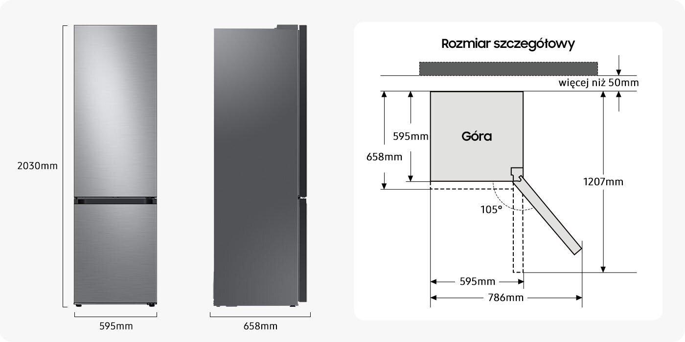 Schemat z wymiarami modelu RB38A7B5DS9, który można znaleźć w ofercie sklepu Media Expert.