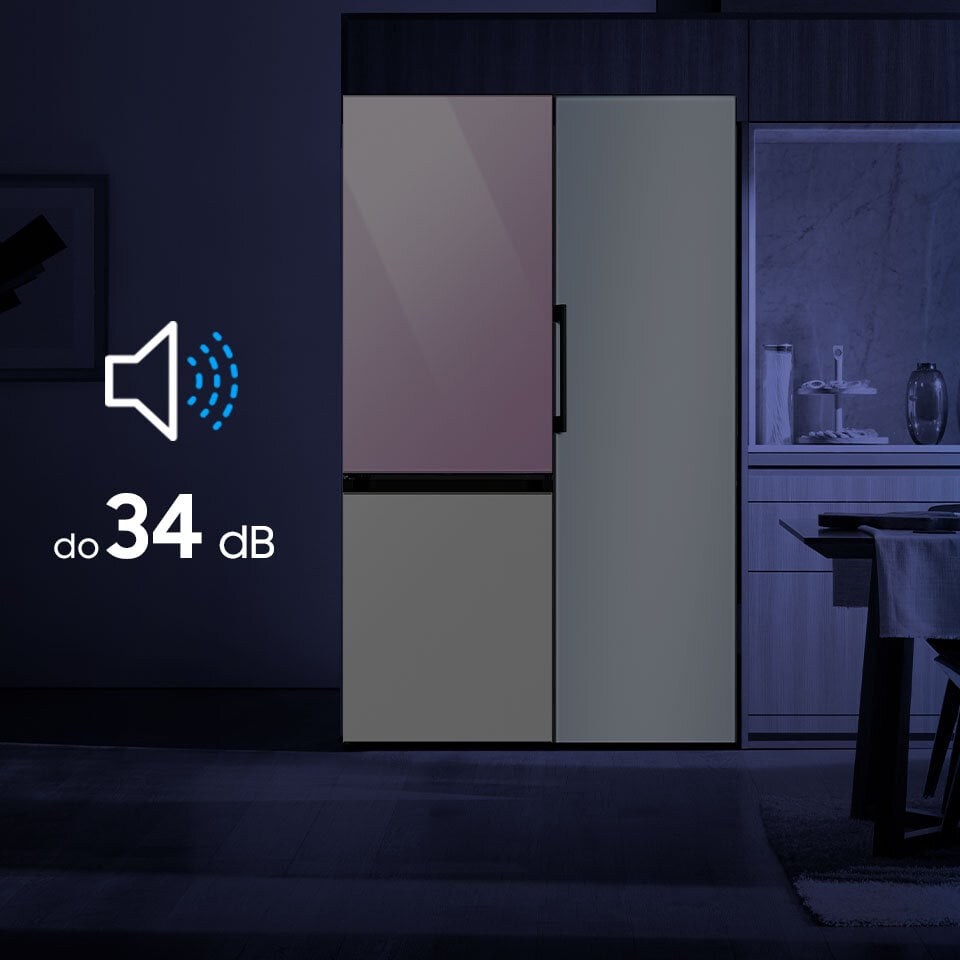 Samsung BESPOKE Twin Slim dostępny w sklepach Media Expert generuje dźwięki na poziomie 34 decybeli, co czyni go jedną z najcichszych chłodziarek na rynku - cichą pracę ilustruje zdjęcie kuchni nocą