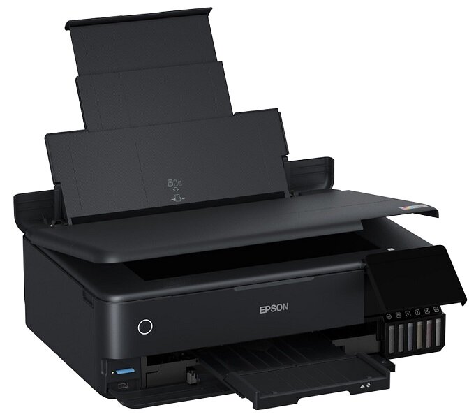 Urządzenie wielofunkcyjne EPSON EcoTank L8180 drukowanie skanowanie kopiowanie tusz jakość kolor czerń zbiornik przyciski płynność oszczędność wymiary 