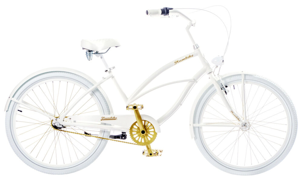 Rower miejski PLUMBIKE La Donna 3B 26 cali damski Biało-złoty damski miejski w białym kolorze ze złotymi akcentami liczne elementy poprawiające komfort użytkowania oświetlenie na przód i tył osłona łańcucha podzespoły SHIMANO błotniki retro design