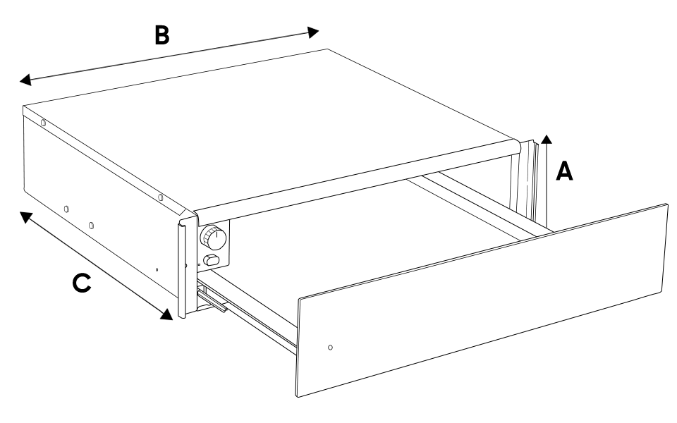 Rysunek techniczny ilustrujący wymiary szuflady grzewczej