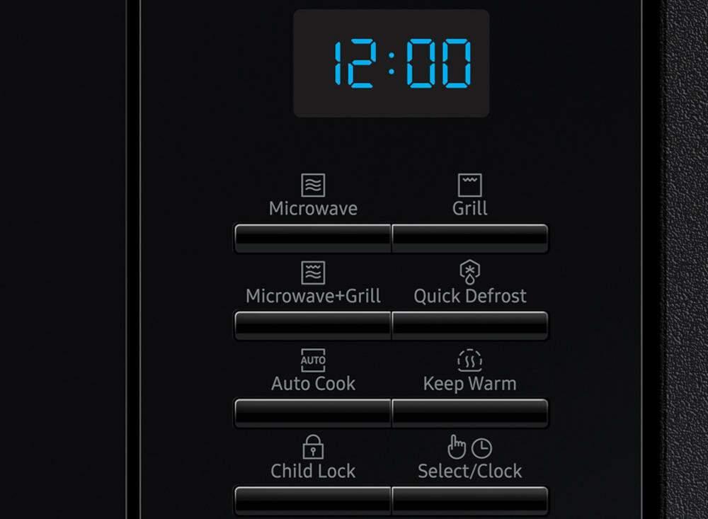 Функции панели управления плитой SAMSUNG-MG23A7013NB-EO понятные значки электронное управление часы время