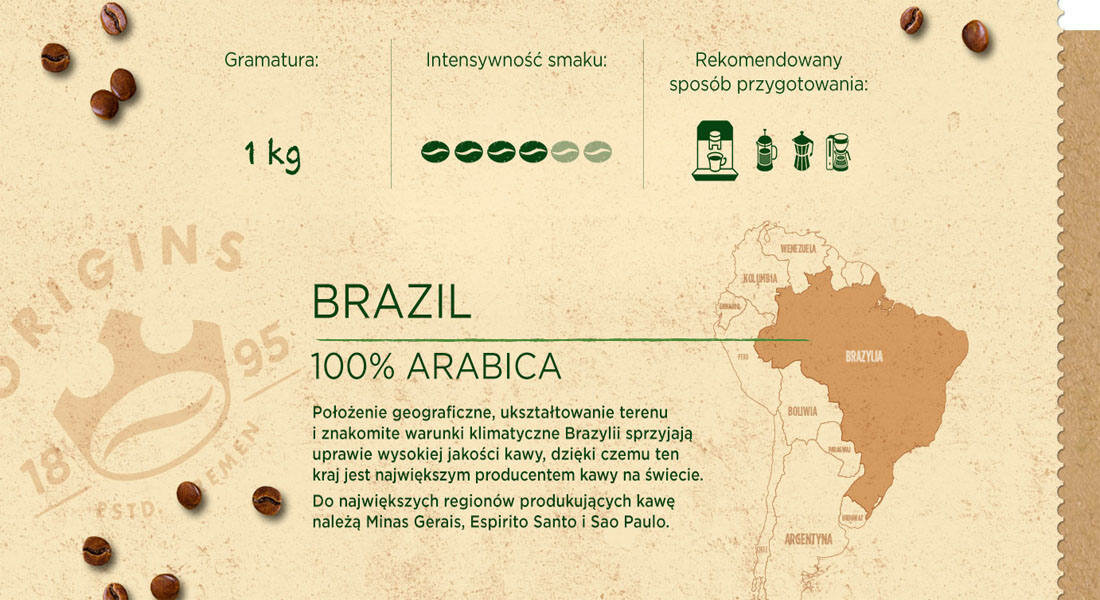 Kawa ziarnista JACOBS Origins Brazil Bright Rounded Arabica 1 kg smak aromat nuty orzechowe