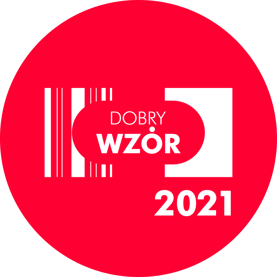 Czerwona ikonka z nagrodą Dobry Wzór 2021 w kategorii Dom