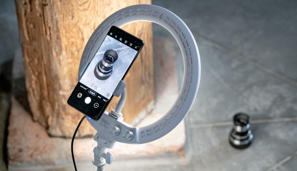 Lampa pierścieniowa LED NEWELL RL-10A barwa jasność zasilanie bateria montaż aparat zdjęcia filmy obsługa regulacja waga led wymiary 