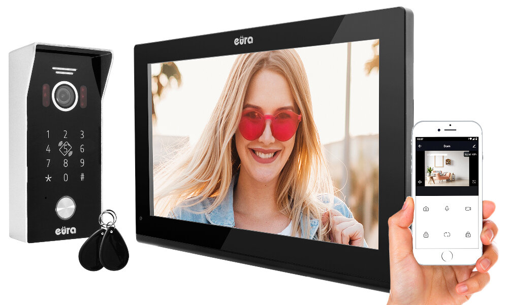 Wideodomofon EURA VDP-99C5 Czarny intuicyjny w obsłudze przycisk wywołania wywołanie monitora smartfon aplikacja mobilna Tuya Smart odbieranie połączeń sterowanie ryglem elektromagnetycznym automatem bramowym wykonywanie zdjęć rejestrowanie filmów na Andrioid i iOS