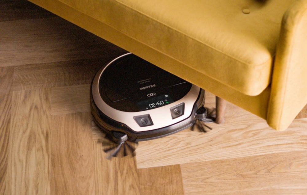 MIELE-SCOUT-RX3-HOME-VISION kompaktowa płaska obudowa meble podłogi dywany antypoślizgowe koła boczne ramiona szczotki czujniki