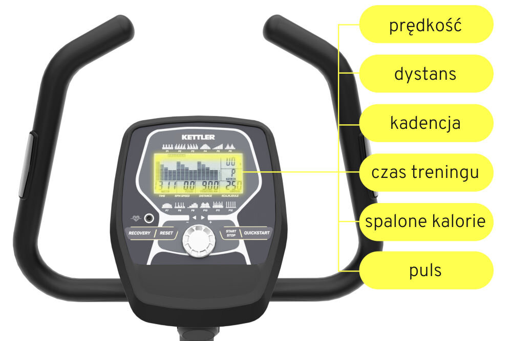 Rower magnetyczny KETTLER Axos Avior P Komputer treningowy czas treningu dystans zużycie kalorii tętn prędkość kadencja temperatura otoczenia