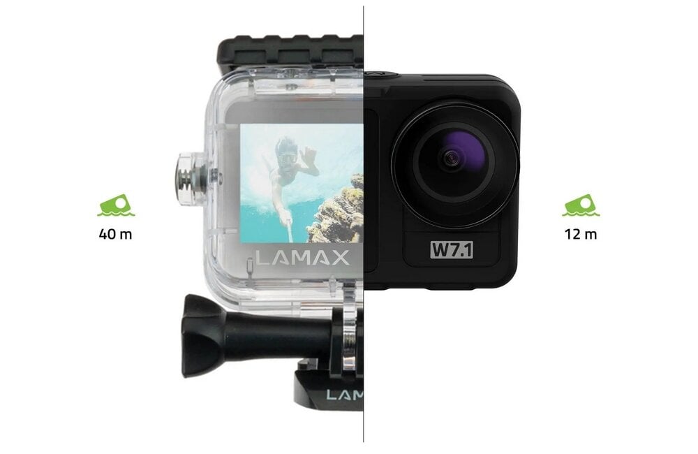 Kamera sportowa LAMAX W7.1  zasilanie ostrość filmy nagrywanie obudowa rozdzielczość AF  zdjęcia matryca obiektyw 