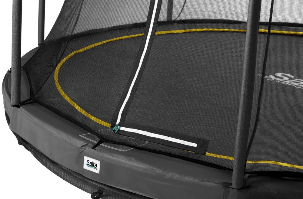 SALTA trampolina rama stal ocynkowana powłoka bezpieczna podstawa siatka zabezpieczająca zamek błyskawiczny wchodzenie zamykanie
