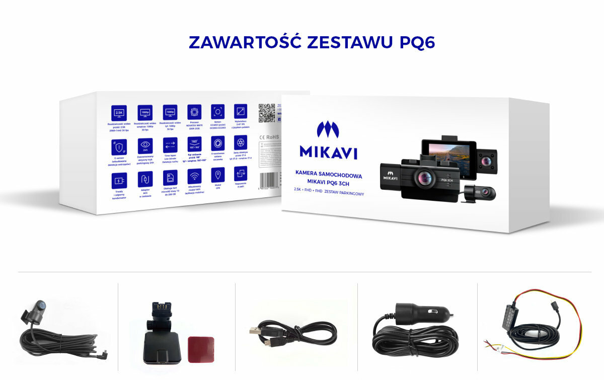 Wideorejestrator MIKAVI PQ6 3CH zawartosc opakowania