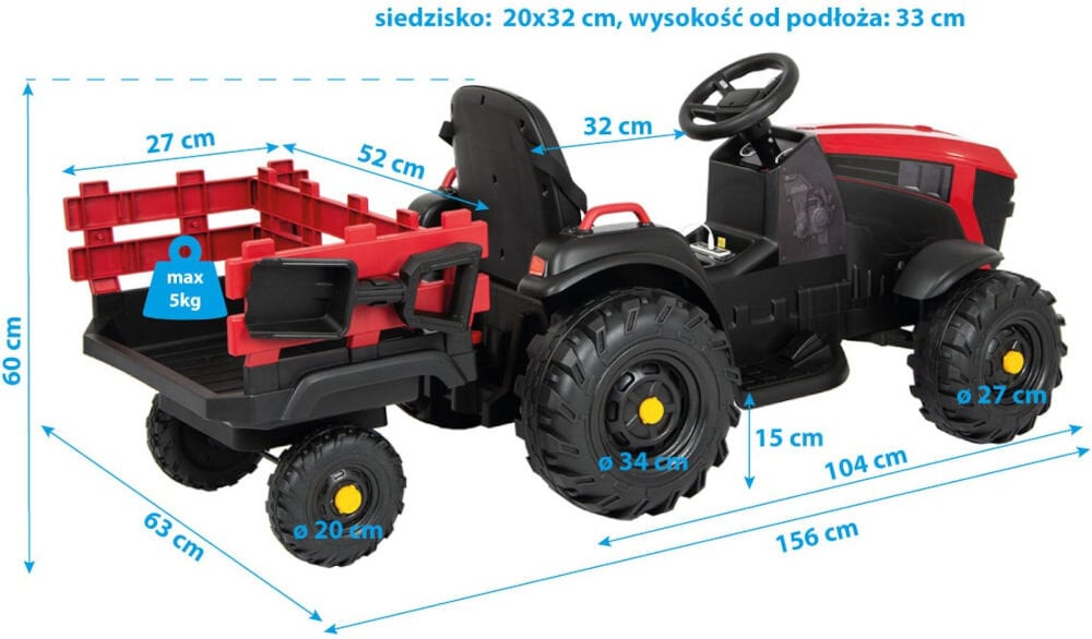 Traktor dla dziecka ENERO z przyczepą 1033075 Czerwono-czarny waga wymiary