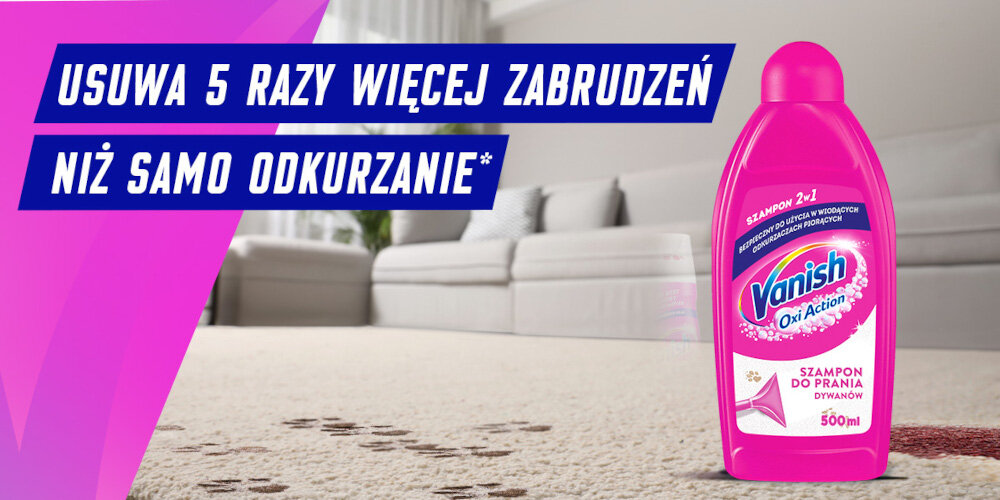 Płyn do prania dywanów VANISH 3w1 500 ml produkt front lifestyle opakowanie butelka dywan różowe opakowanie butelka usuwanie większości zabrudzeń zwalczanie zapachów zmiękczanie tkann nadaje świeżość usuwa sierść zwierząt Zalety sposób użycia instrukcja nie przemaczać odkuczyć zostaw do wyschnięcia pranie MECHANICZNE pranie ręczne porady wskazówki łatwe użycie do użytku z odkurzaczami piorącymi skuteczne usuwanie zabrudzeń dywanów wykładzin tapicerki substancje czyszczące rozpuszczanie brudu kurzu tłuszczu neutralizacja zapachów dla właścicieli zwierząt specjalistyczna formuła usuwa do 3 razy więcej sierści włosów głębokie czyszczenie