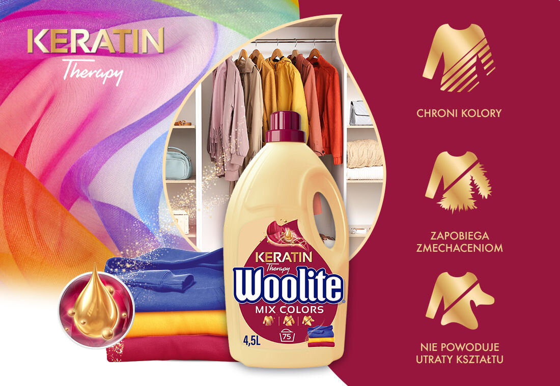 Płyn do prania WOOLITE Keratin Therapy główne cechy keratyna