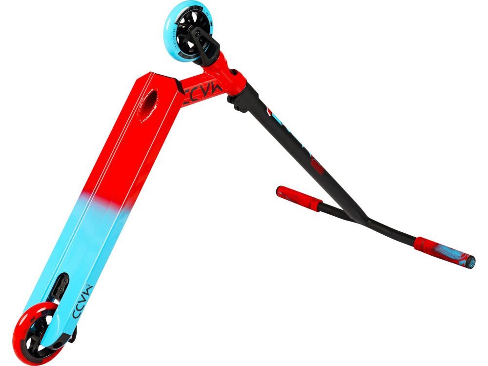 Hulajnoga wyczynowa MADD GEAR Kick Extreme Czerwono-niebieski ciekawy wzór na szerokim podeście podest długość 495 mm szerokość 114 mm doskonała przyczepność