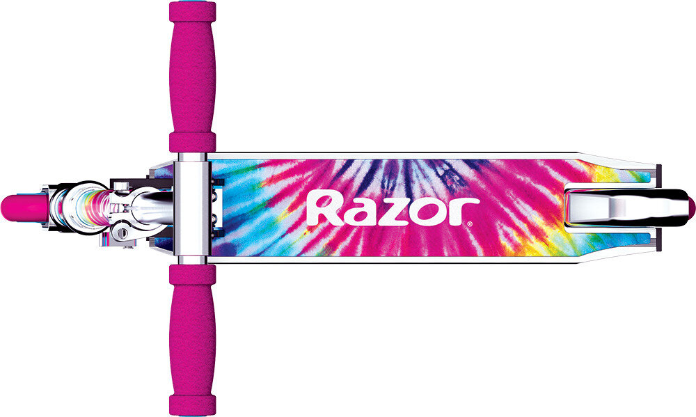 Hulajnoga dla dzieci RAZOR Tie-Dye zbliżenie na platformę na białym tle lekka platforma z wysokiej jakości aluminium antypoślizgowa powierzchnia szeroki podest o wymiarach 41 x 9,2 cm bezpieczne użytkowanie makymalna waga użytkowanika do 65 kg solidność komfort