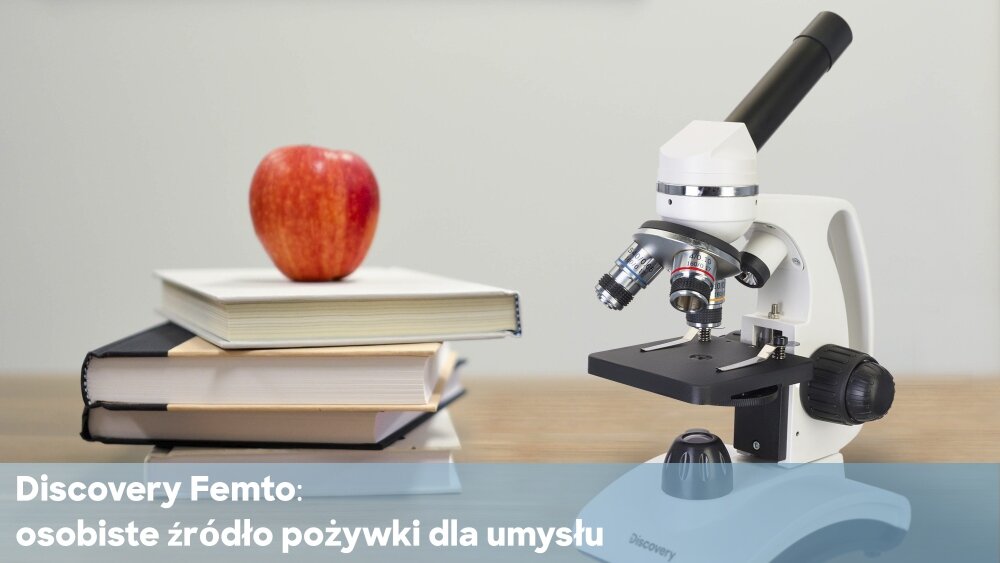 Mikroskop DISCOVERY Femto z książką Polar asystent doświadczenia nauka  układy optyczne oświetlenie głowica precyzja regulacja ostrość książka  konstrukcja