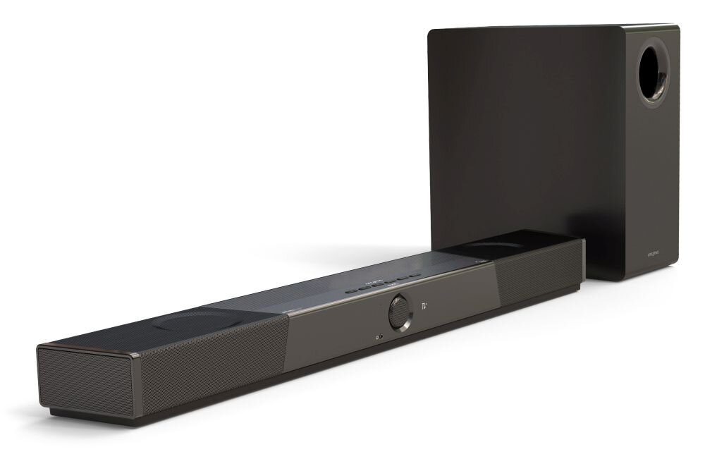 Soundbar komputerowy CREATIVE SXFI Carrier subwoofer 200W niski bas moc do filmów i gier, urządzenie stojące po skosie na białym tle