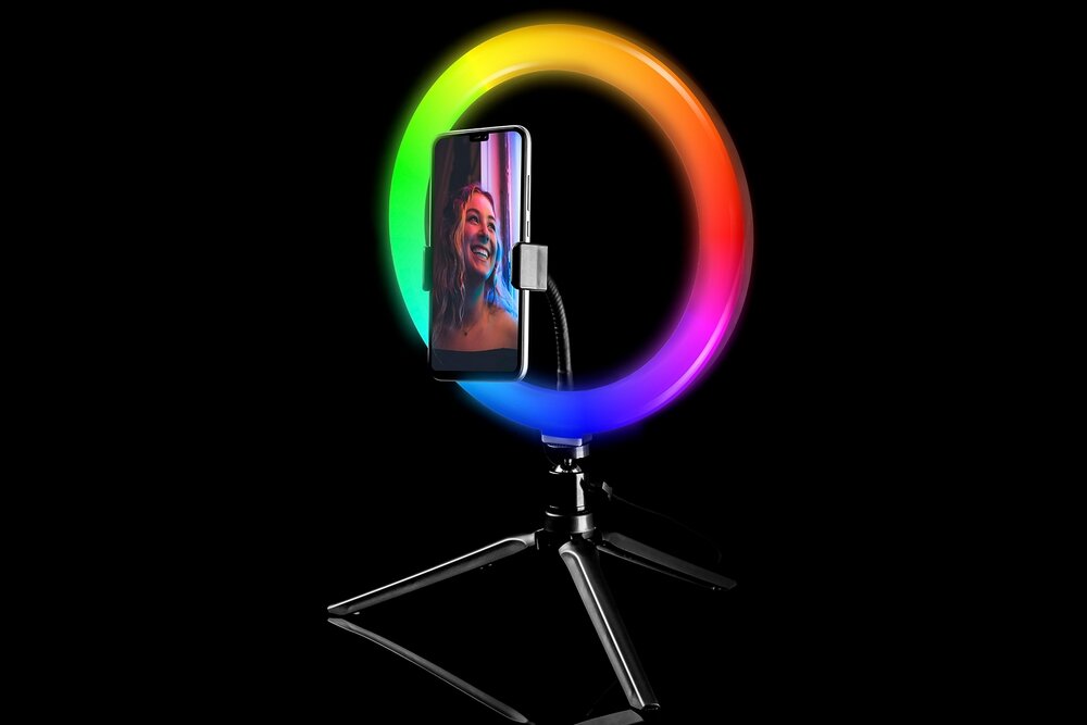 Lampa pierścieniowa TRACER RGB RING fotografia barwa temperatura jasność zdjęcia filmy vlogi statyw sterowanie kolory 