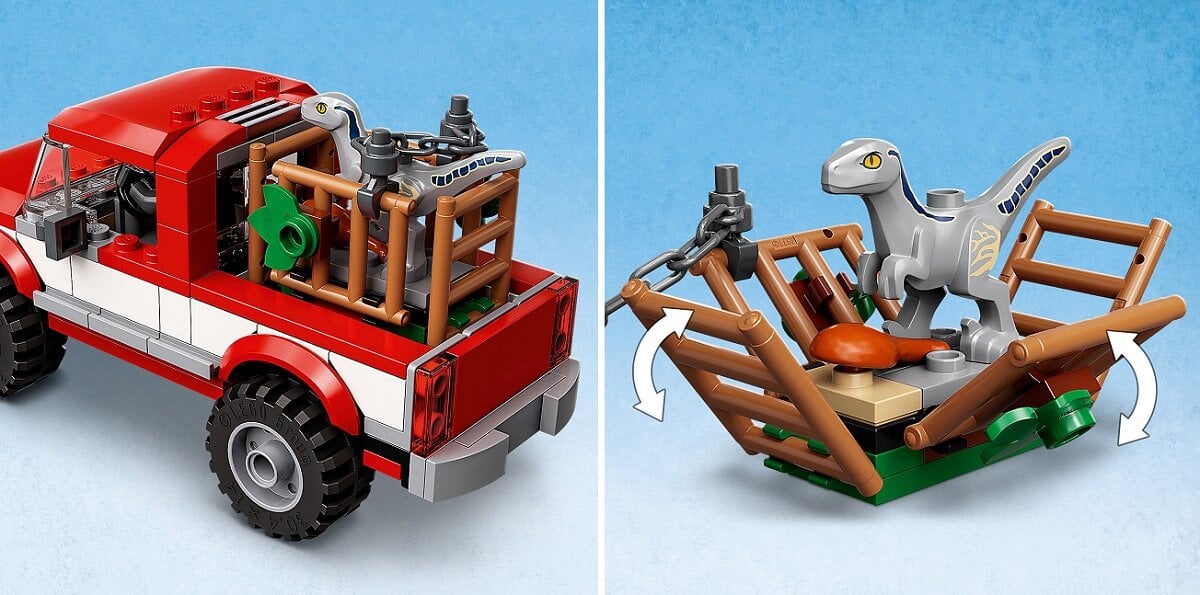 LEGO Jurassic World Schwytanie welociraptorów Blue i Bety 76946 
Furgonetka, klatka dla dinozaurów i motocykl do zbudowania
