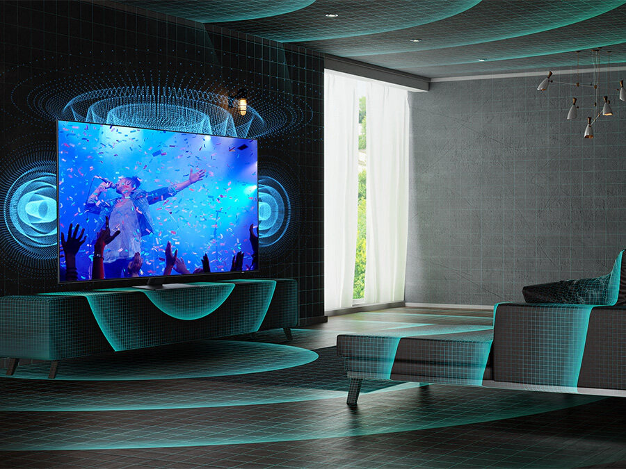 Telewizor QLED analizuje przestrzeń w pokoju, by zapewnić optymalne wrażenia dźwiękowe. Q77BATXXH