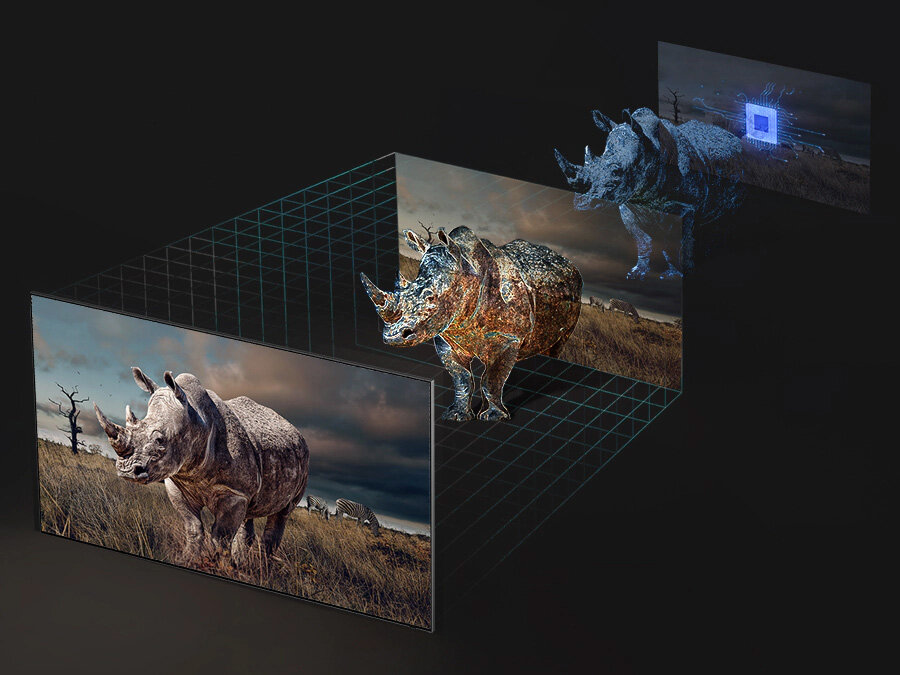 Prezentacja 3 kroków wyświetlania żywych obiektów na przykładzie nosorożca w technologii Wzmocnienia Głębi Obrazu. Q70BATXXH