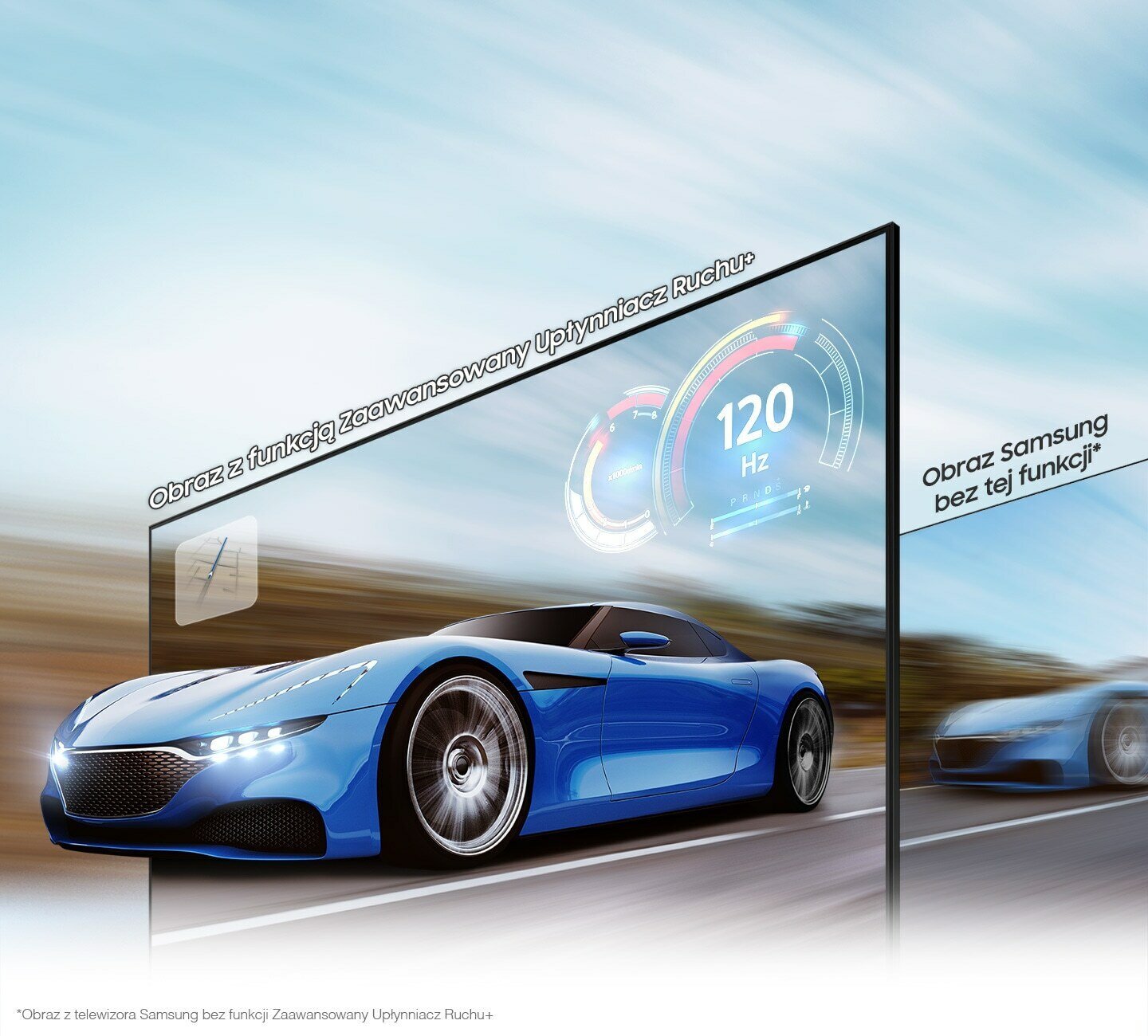 Ścigający się samochód wygląda o wiele wyraźniej na ekranie QLED niż na zwykłym ekranie dzięki Zaawansowanemu Upłynniaczowi Ruchu+ do 120 Hz w 4K. Q80BATXXH