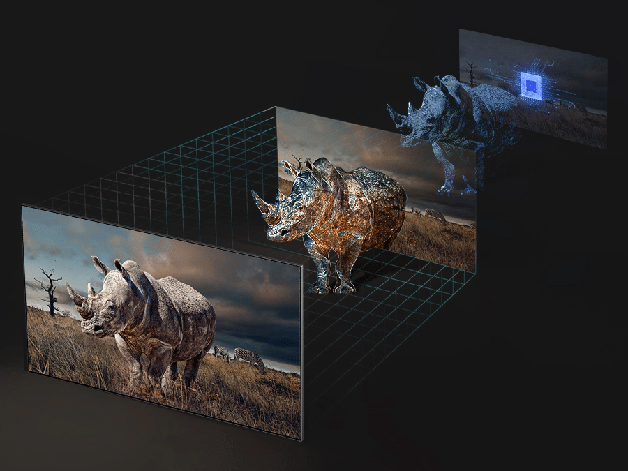 Prezentacja 3 kroków wyświetlania żywych obiektów na przykładzie nosorożca w technologii Wzmocnienia Głębi Obrazu. Q80BATXXH