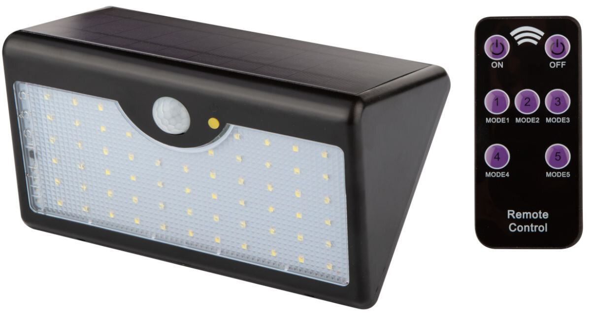 Lampa solarna NEO TOOLS 99-091, lampa, czujnik, dom, ogród, na białym tle lampa wraz z pilotem