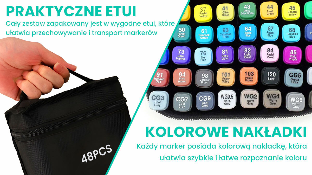 Zestaw markerów alkoholowych dwustronnych EXTRALINK (168 sztuk) praktyczne etui zesstaw zapakowany w torbę kolorowe nakładki szybkie rozpoznawanie kolorów