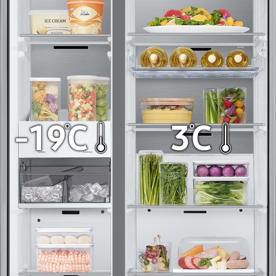 Zdjęcie pokazujące część zamrażalnika i chłodziarki wraz z grafiką informującą o możliwości dostosowania w nich warunków chłodzenia do aktualnych potrzeb