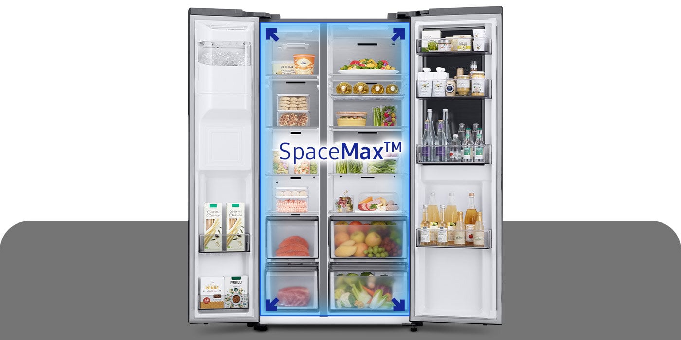 Ilustracja lodówki Samsung RH68B8841B1, która mogła zostać wypełniona wieloma produktami dzięki temu, że zastosowano w niej technologię SpaceMax™.