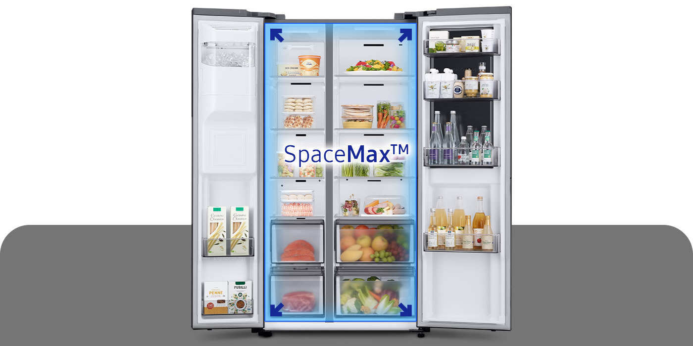 Wizualizacja efektu, który zagwarantowała lodówce Samsung technologia SpaceMax™. To cieńsze ścianki i więcej miejsca w środku.