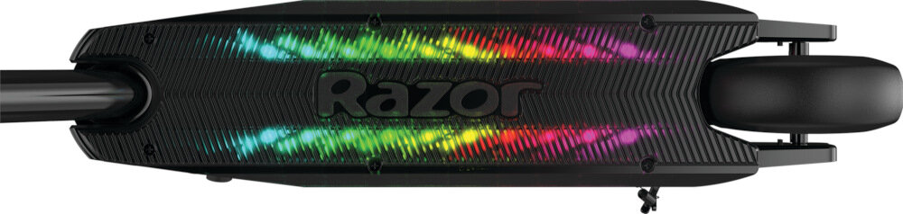 Hulajnoga elektryczna RAZOR Sonic Glow Czarny pokład szeroki antypoślizgowa powłoka dopasowuje się do rytmu Sonic Glow wbudowane wielokolorowe diody LED