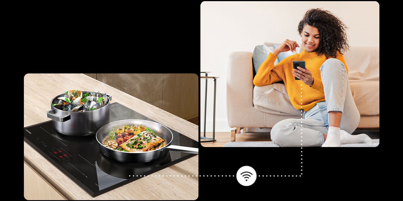 Kolaż zdjęć pokazujący jak można śledzić postępy gotowania na ekranie smartfona siedząc w salonie