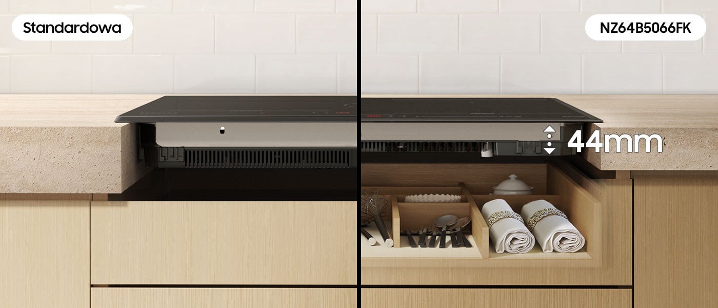 Zdjęcie porównujące grubość tradycyjnych płyt indukcyjnych z płytą indukcyjną slim fit Samsung