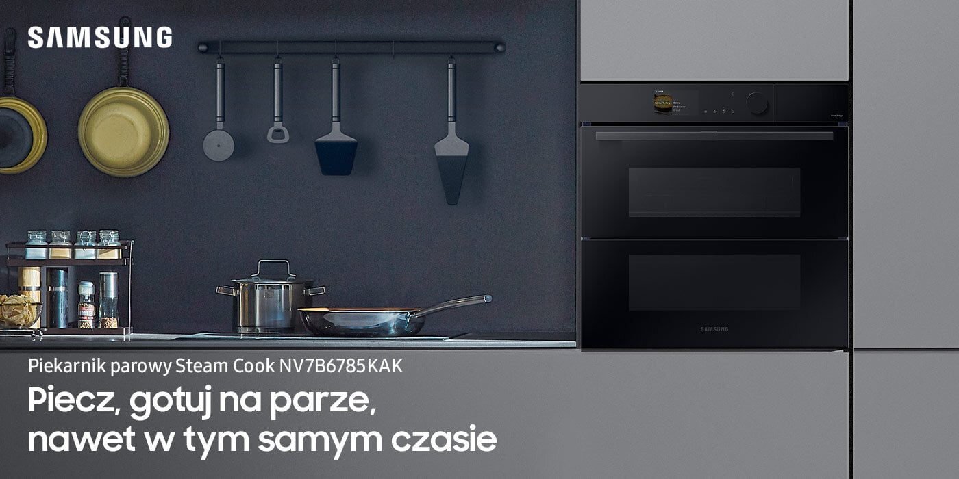 Ilustracja przedstawiająca kuchenny blat, obok którego w ścianę wstawiony jest piekarnik Samsung Steam Cook NV7B6785KAK. Urządzenie dostępne jest w ofercie sieci Media Expert.