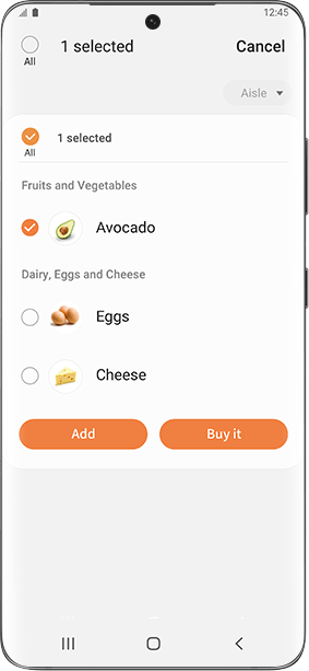 Screen z z aplikacji SmartThings Cooking przedstawia listę zakupową w trakcie jej sporządzania