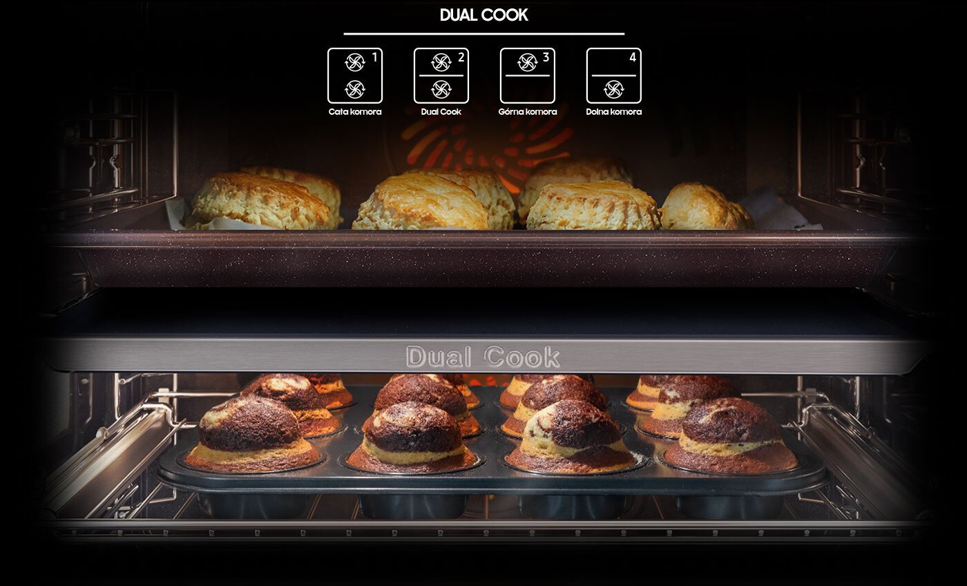 Na zdjęcie dwóch rodzajów ciast pieczonych w osobnych strefach naniesiono schemat pokazujący możliwe konfiguracje grzania w komorze piekarnika Samsung