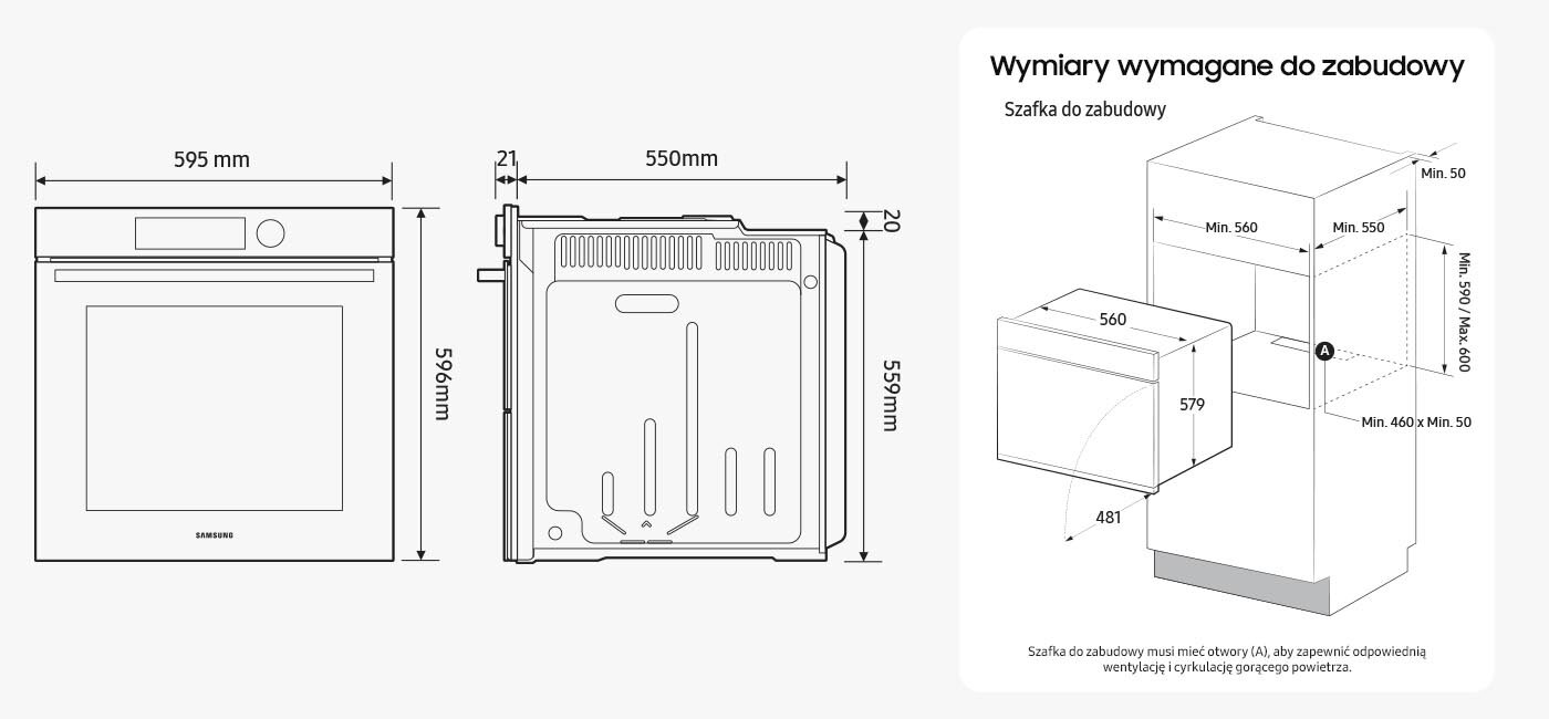 Rysunek techniczny przedstawiający wymiary wymagane do zabudowy piekarnika Samsung.