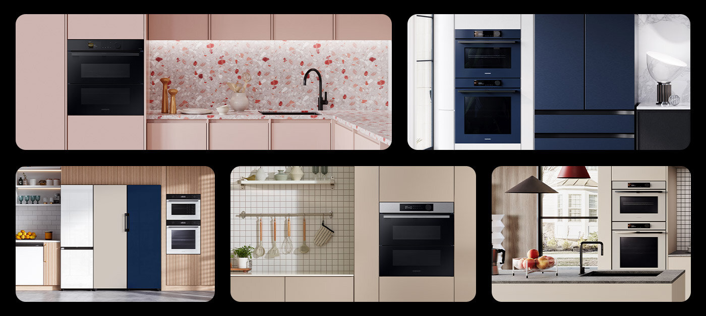 Zdjęcia pomieszczeń kuchennych, do których wstawione zostały piekarniki parowe Samsung.