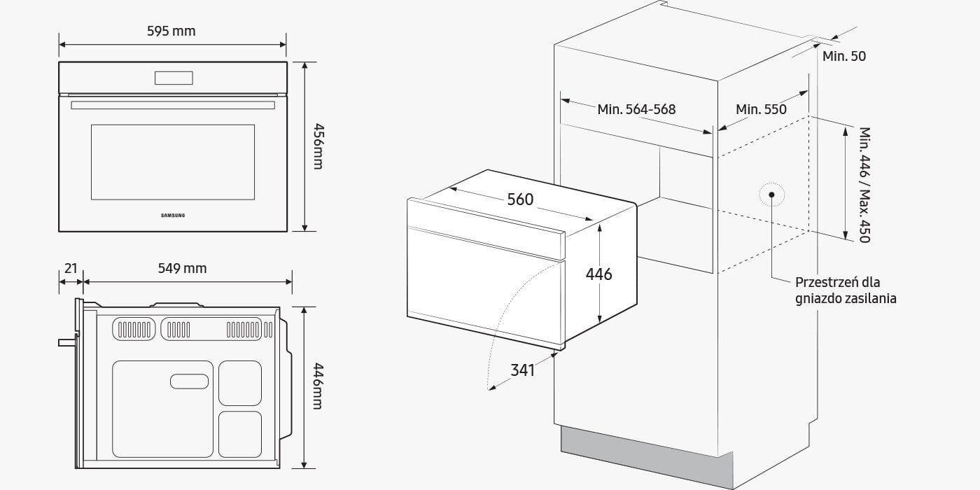 Rysunek techniczny prezentujący wymiary zarówno piekarnika kompaktowego, jak i szafki, która potrzebna jest do zabudowy urządzenia