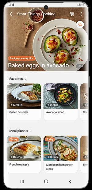 Ekran smartfona pokazujący zestaw przepisów dostępnych w aplikacji SmartThings Cooking
