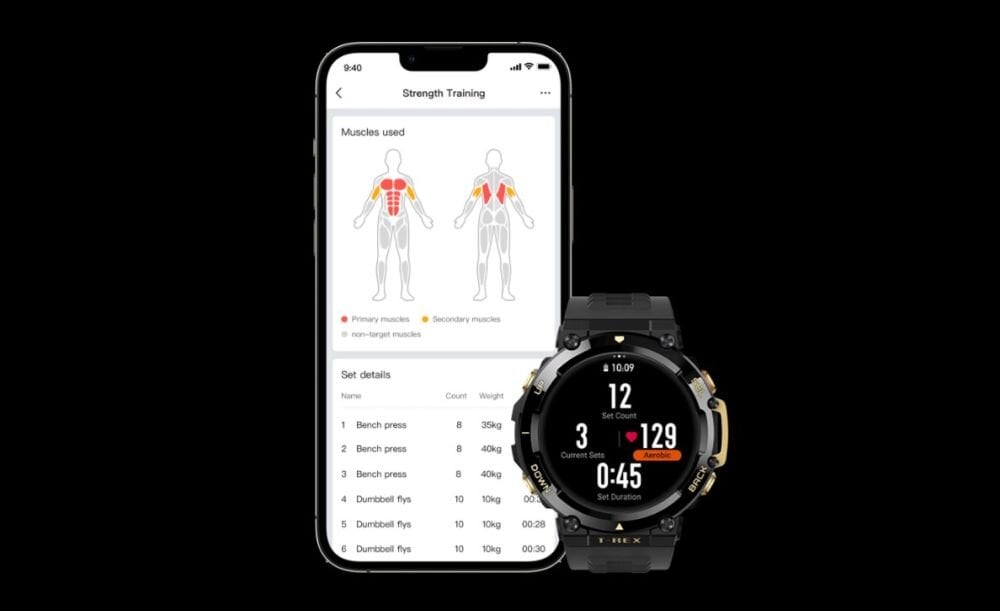 Smartwatch AMAZFIT T-Rex 2 ekran bateria czujniki zdrowie sport pasek ładowanie pojemność rozdzielczość łączność sterowanie krew puls rozmowy smartfon aplikacja 
