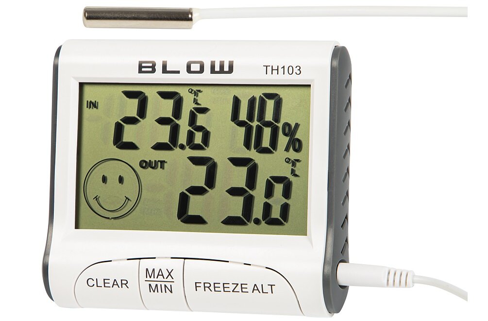 Stacja pogody BLOW TH103 Wbudowany magnes do biura do domu Zasilanie bateria Graficzna sygnalizacja wyświetlacz LCD