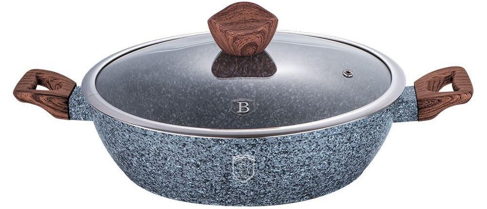 Garnek BERLINGER HAUS Forest Line BH-1202 32 cm do każdej kuchni garnek szary marmurowy rączki imitujące drewno zamknięty pokrywką białe tło