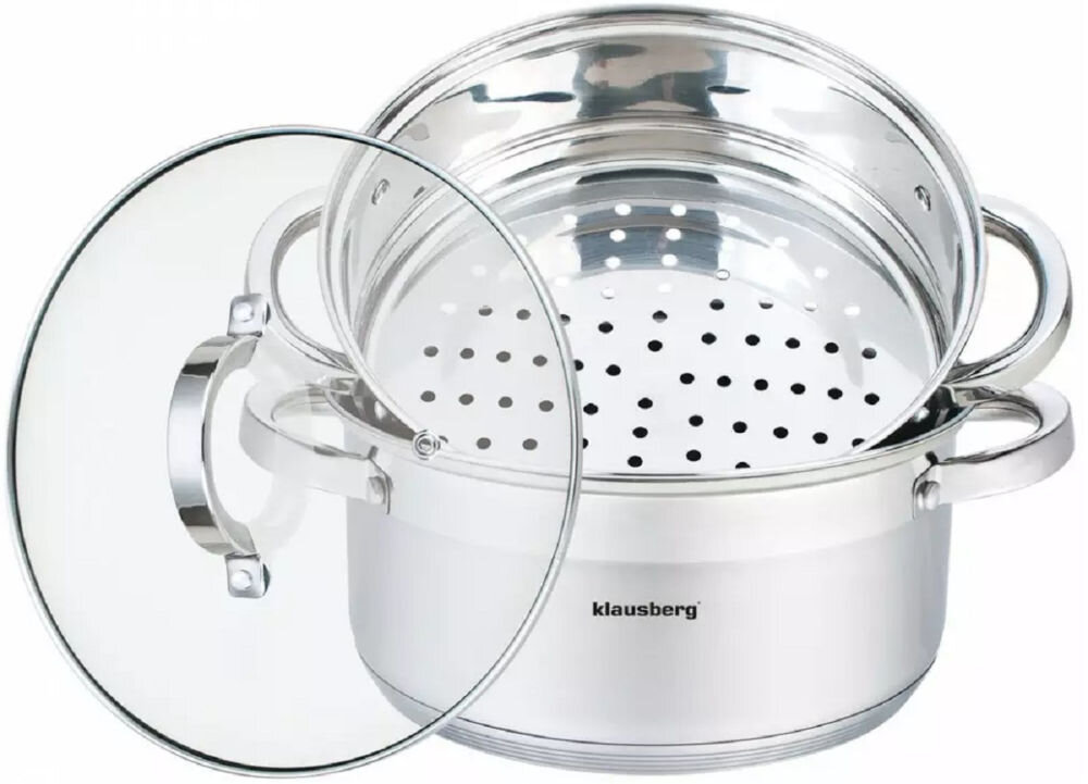 Garnek KLAUSBERG KB-7141 22 cm trzy elementy średnica 22 cm gotowanie na parze dla całej rodziny kompatybilny ze wszystkimi rodzajami kuchenek elektryczne gazowe ceramiczne indukcyjne spełnia swoje zadanie nienagrzewające się uchwyty komfort bezpieczeństwo podczas gotowania  