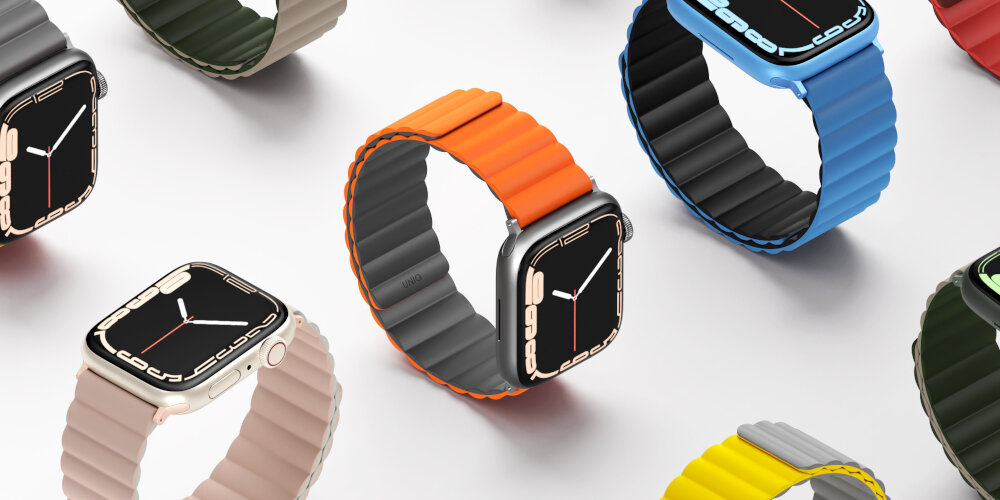 Pasek UNIQ Revix do Apple Watch 1/2/3/4/5/6/7/8/9/SE/SE2 (38/40/41mm) Biało-niebieski, Trzy style w jednym pasku, Wizulizacja pasków w różnych kolorach